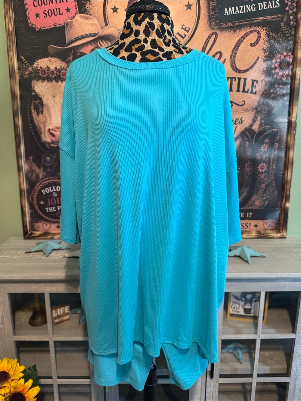 Discount Divas Light Blue Ribbed Women's Tunic Top/Shorts  Sz  1XL